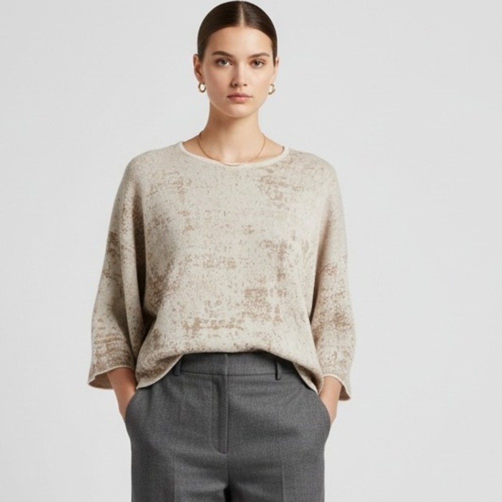 J.Jill Pure Jill Organic Cotton Sweater Tan Beige Abstract Print BoxyTop XS Soft